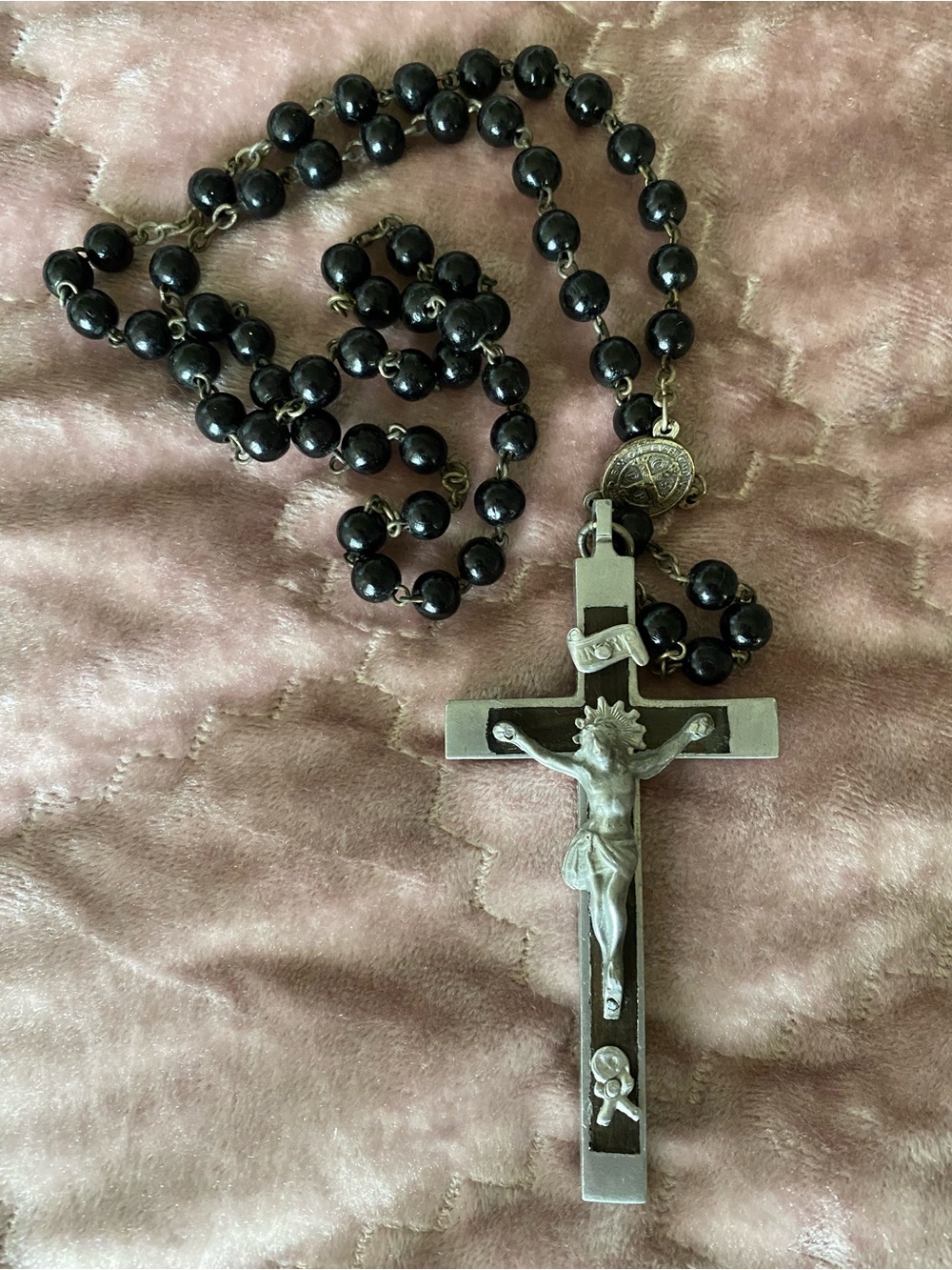 Vintage Inlay St. Benedict Nun Pectoral Rosary Necklace with Crucifix Seed Beads
